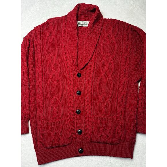 Aran Crafts Ireland Wool Cardigan Collar Cable Fisherman Knit Sweater Red Men L - Picture 1 of 12